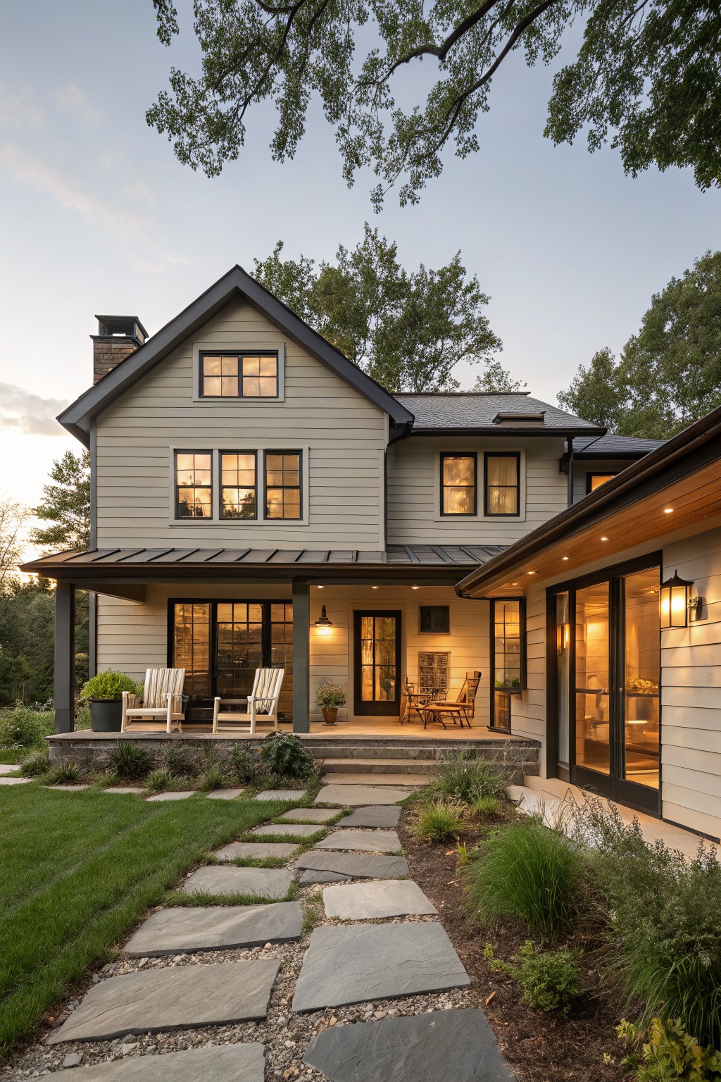 Two-story modern farmhouse house with light gray siding, dark metal roof, black-framed windows and doors, covered front porch with chairs, attached side addition, stone pathway, and surrounding lawn and plantings at dusk.