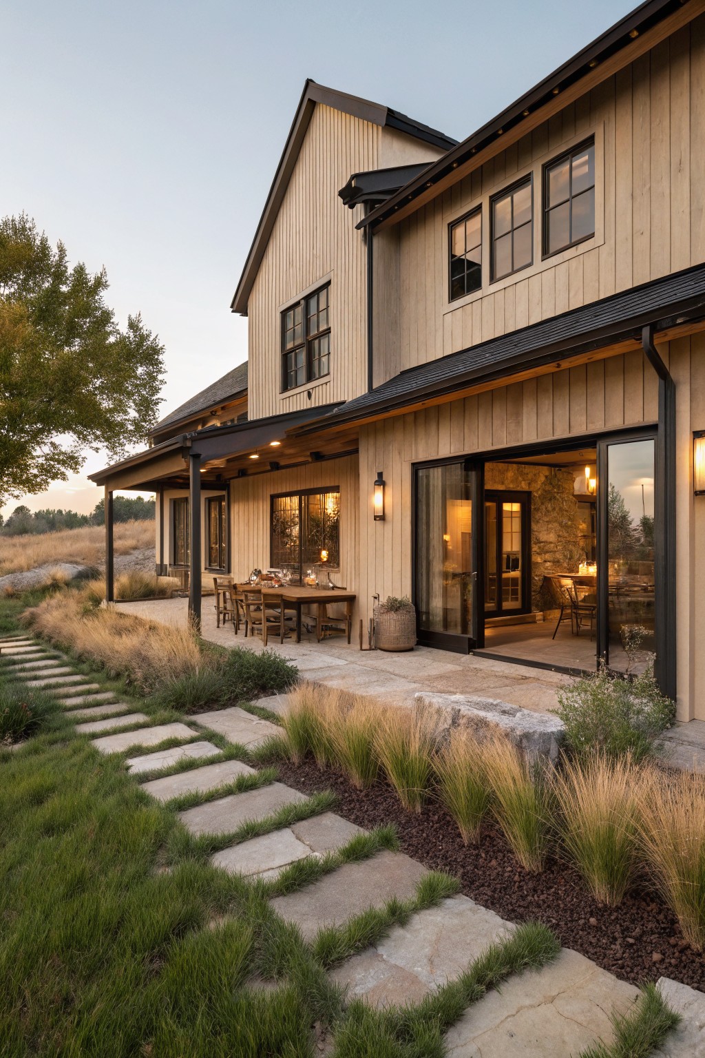 Side view of a modern farmhouse with light vertical wood siding, black roof and trim accents, covered porch with open sliding glass doors, outdoor wooden dining table, stone pathway, and grasses leading from the yard.