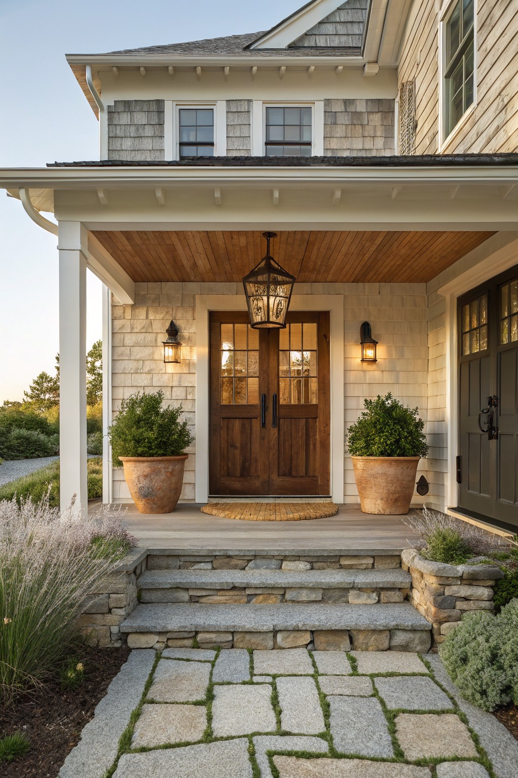 Shingle-style house exterior with a covered porch, dark wood double doors, white columns, stone steps leading to a flagstone path, large terracotta pots with shrubs, and landscape plantings.