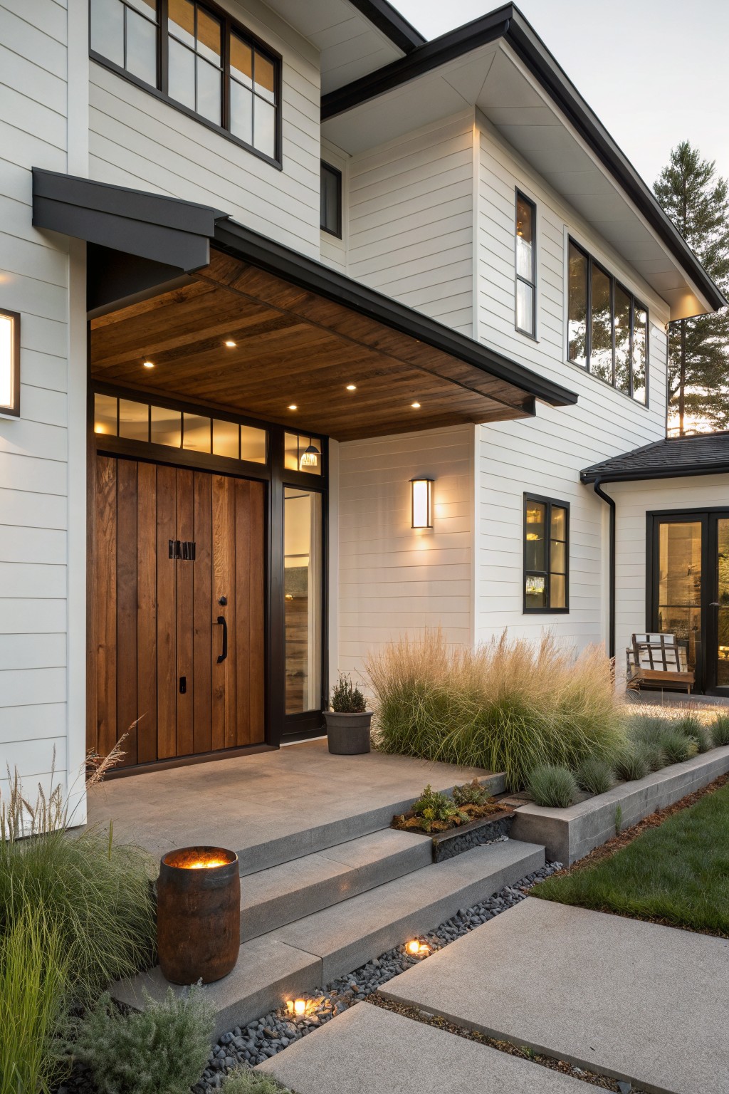Modern farmhouse exterior featuring white siding, tall dark wood double front door with black hardware, covered porch with wood beam ceiling and recessed lights, concrete steps to landing, ornamental grasses, and gravel path.
