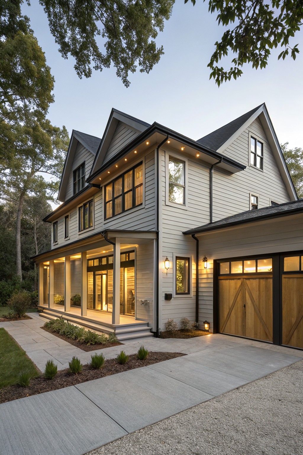 Side exterior view of a two-story modern farmhouse with light gray board-and-batten siding, black window frames and roof edges, dark wooden double garage doors with X bracing, wraparound porch with columns, concrete walkway, and low plantings at dusk.