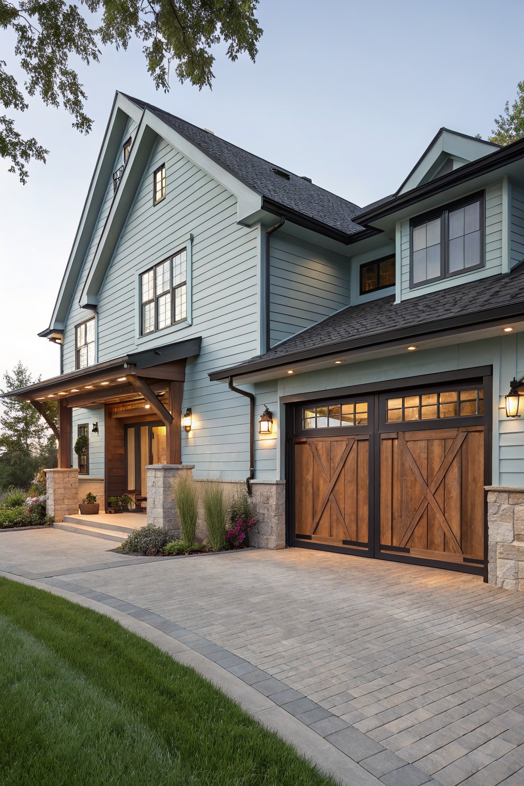 Light blue sided modern farmhouse exterior with dark wooden X-pattern garage doors, covered front porch, stone pillars, paver driveway, and landscaping at dusk.