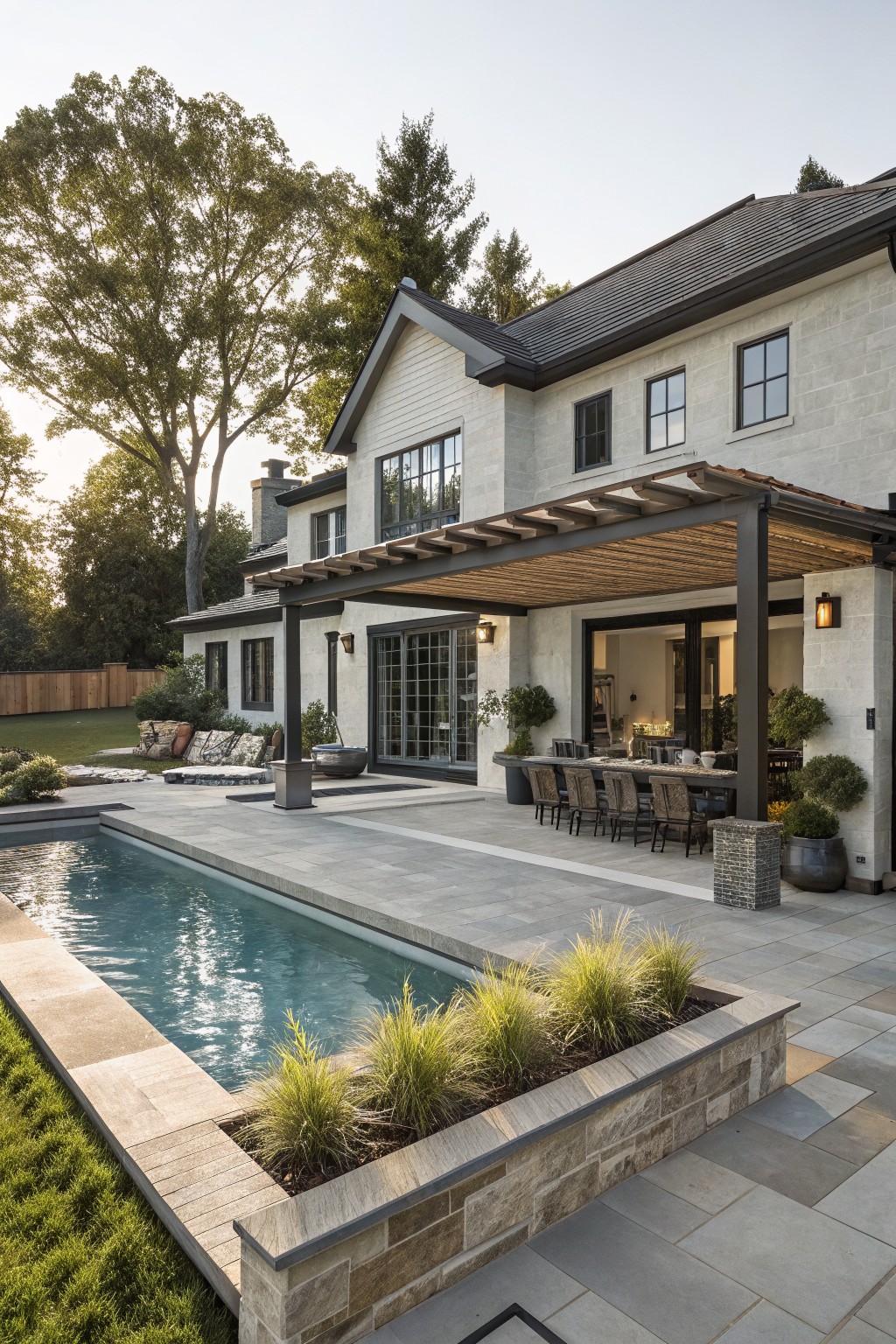 Rear view of a modern farmhouse home with light stucco exterior, dark shingled roof, black-framed windows and doors, wood pergola over stone patio with dining table and chairs, adjacent lap pool edged in stone with grass and plantings, trees in background.
