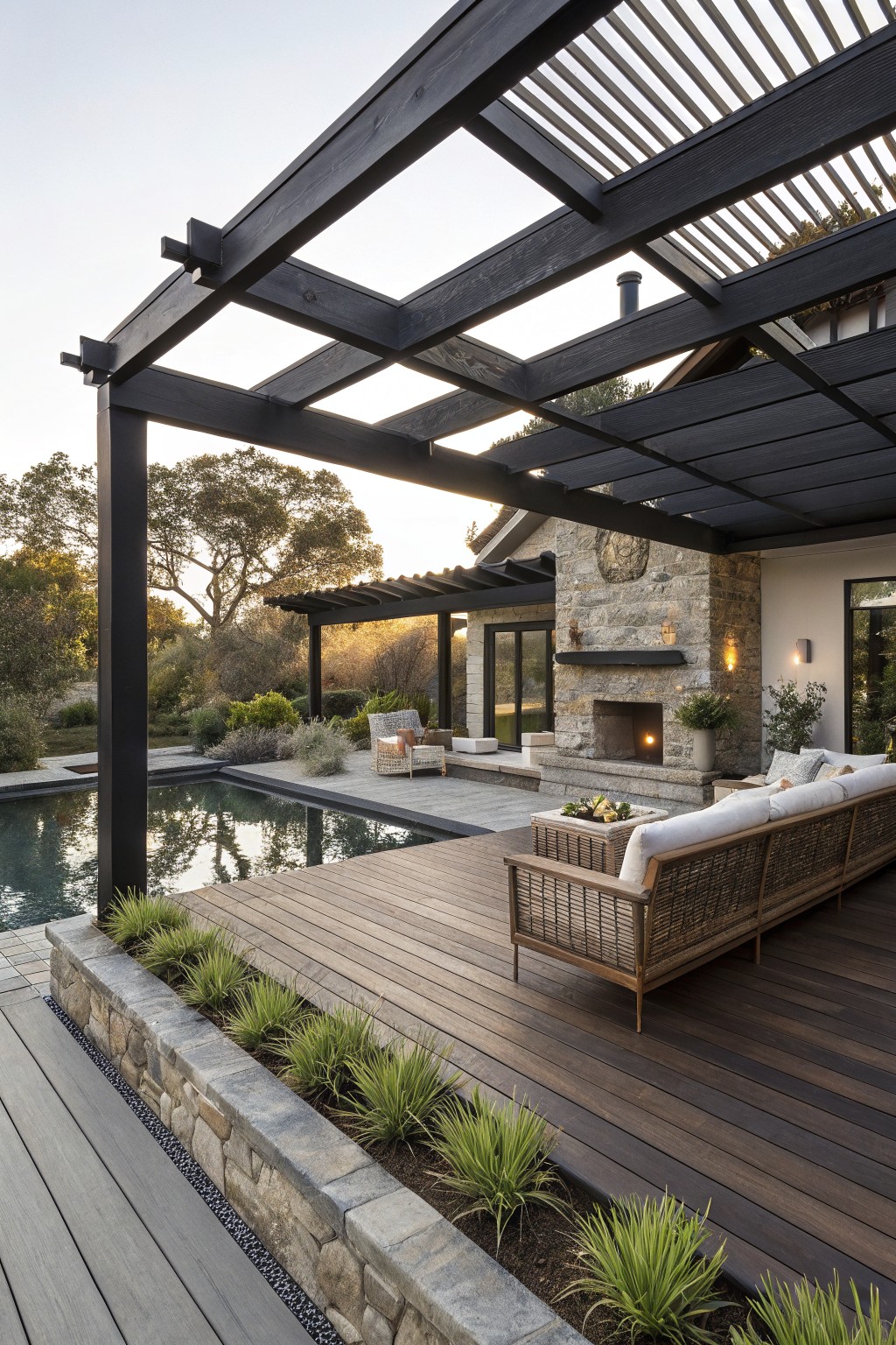 Poolside wooden deck under a black slatted pergola with woven sofa nearby, stone outdoor fireplace against beige house wall, and greenery along the edges.