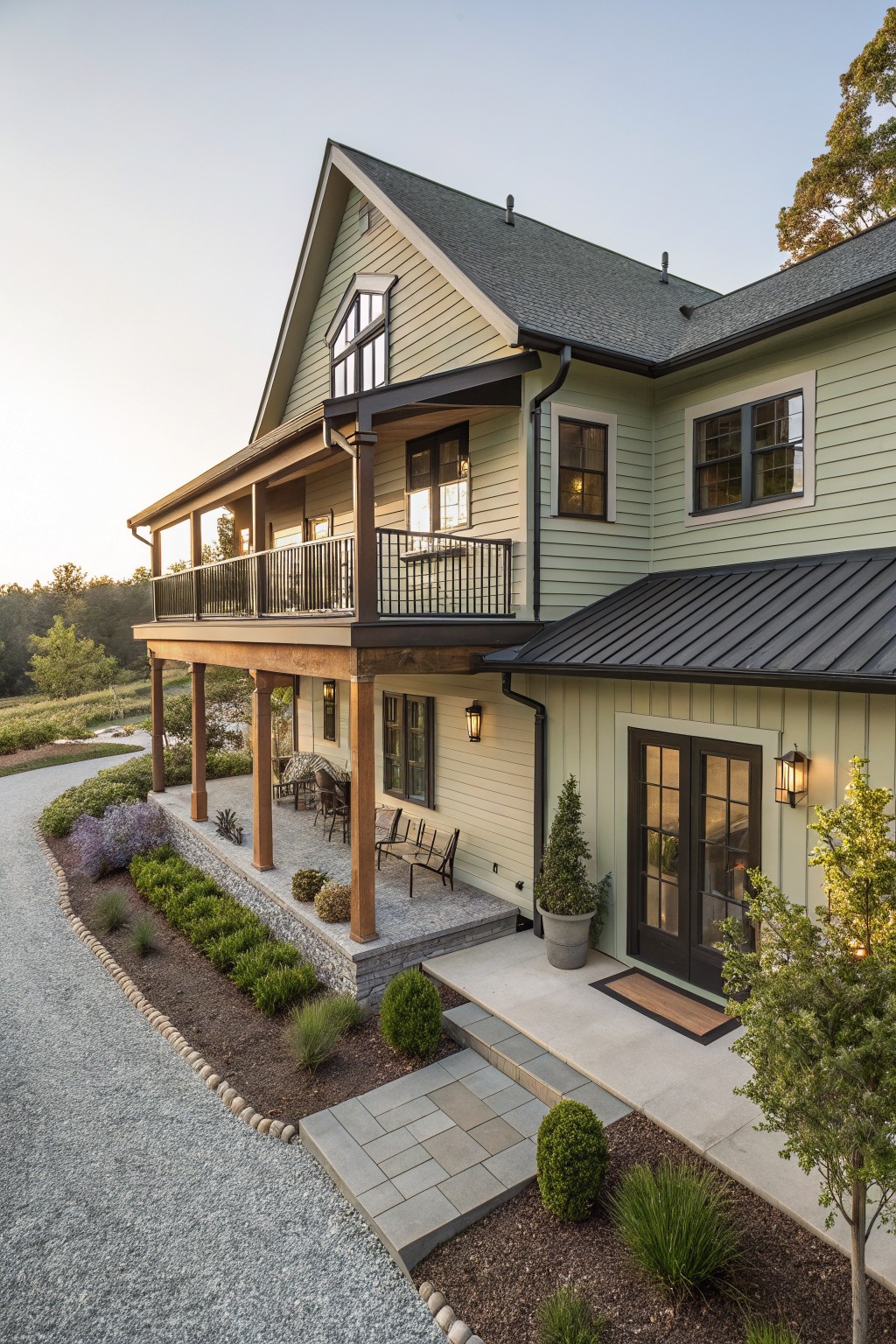 Side exterior view of a two-story modern farmhouse with sage green clapboard siding, dark metal roof, elevated porch with dark wood beams and black metal railings, entry doors, landscaping beds, and gravel driveway.