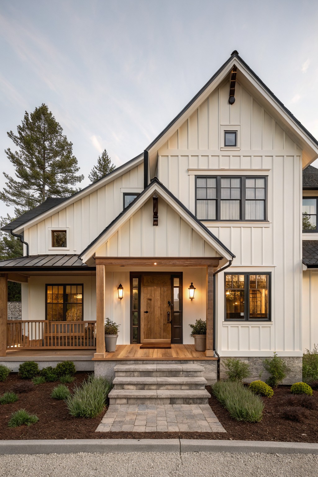 Two-story modern farmhouse exterior with white vertical board-and-batten siding, dark wood porch beams and entry door, black-framed windows, lantern lights, stone steps, and low shrubs in front.