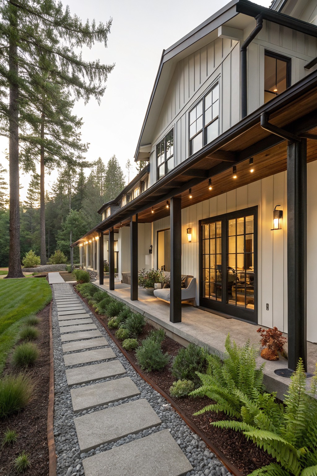 Side view of a modern farmhouse exterior with white board-and-batten siding, dark wood posts and beams supporting a long covered porch, large black-framed windows and doors, string lights overhead, and a concrete stone pathway edged with plants leading through a yard with tall pine trees.