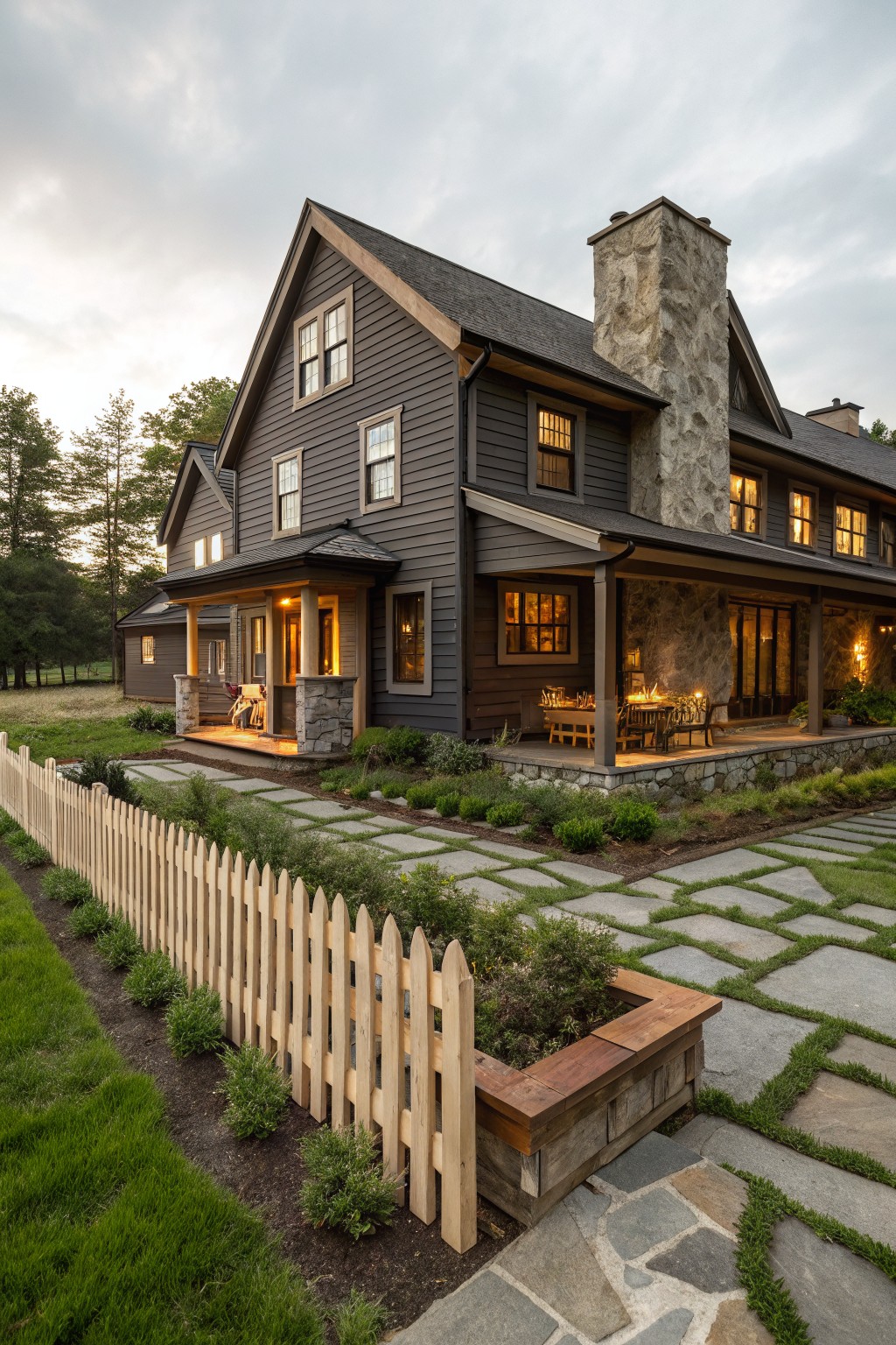 A two-story modern farmhouse exterior with dark shingle siding, tall stone chimney, wraparound porch with wood posts, and front yard landscaping including picket fence, shrubs, and stone pathway.