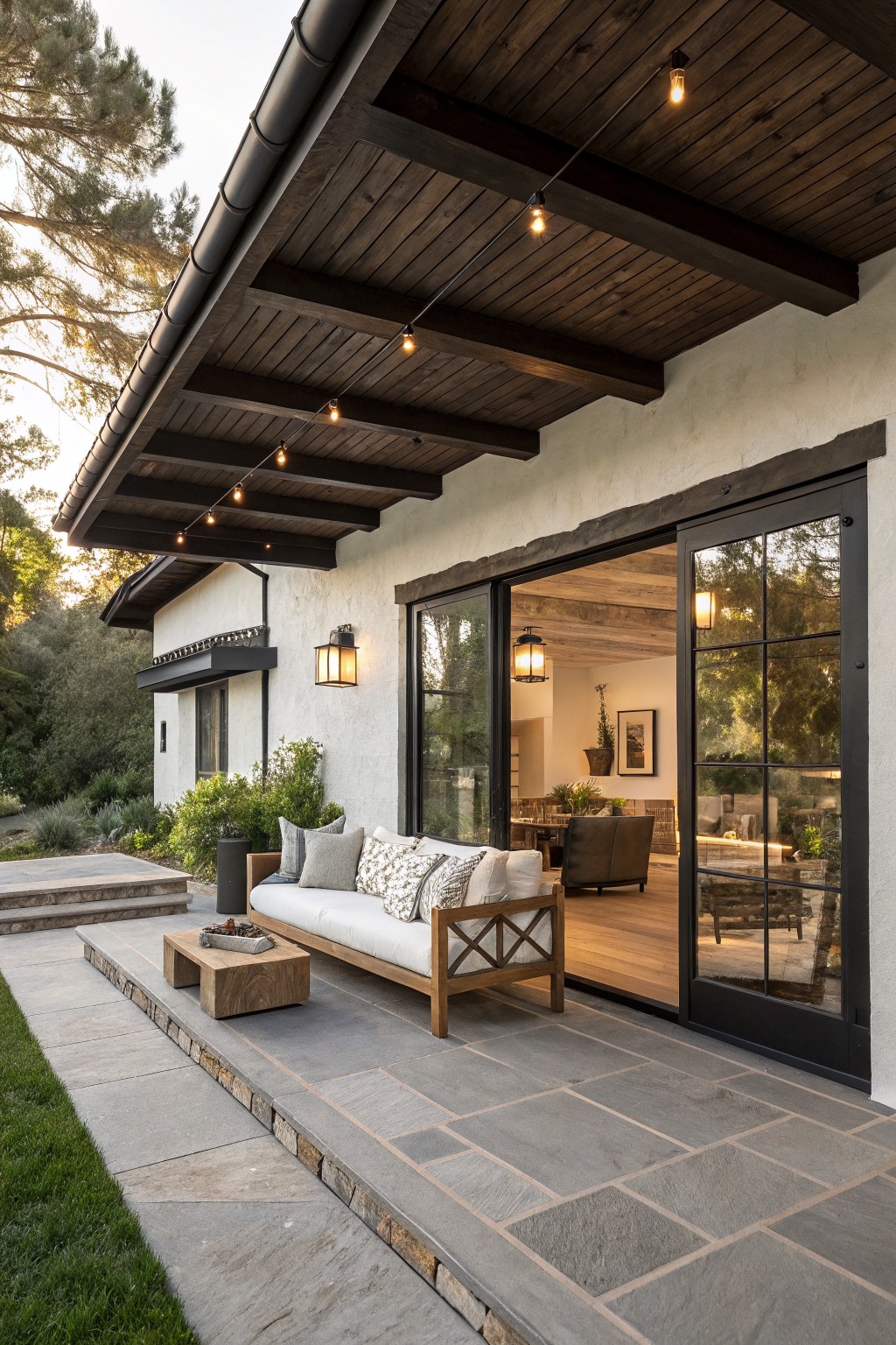 Covered outdoor patio featuring exposed dark wood beam ceiling with string lights, beige sofa and chairs on gray stone tile flooring, next to white stucco house wall with open black-framed sliding glass doors showing interior furnishings.