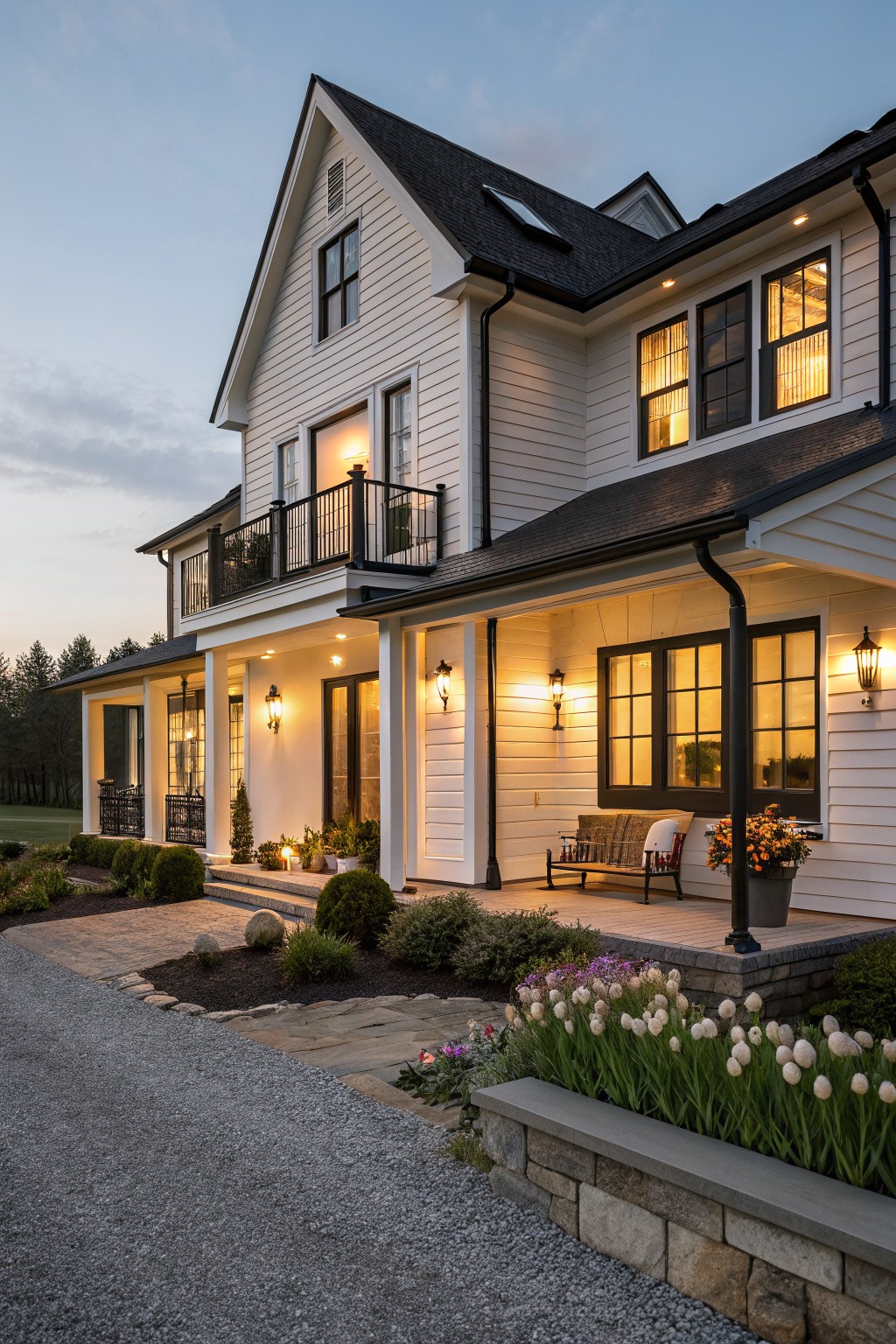 Two-story modern farmhouse exterior at dusk with white board-and-batten siding, black shingle roof, black-framed multipane windows, front porch with black columns and railing, lit lanterns, gravel driveway, stone path, and low plantings.