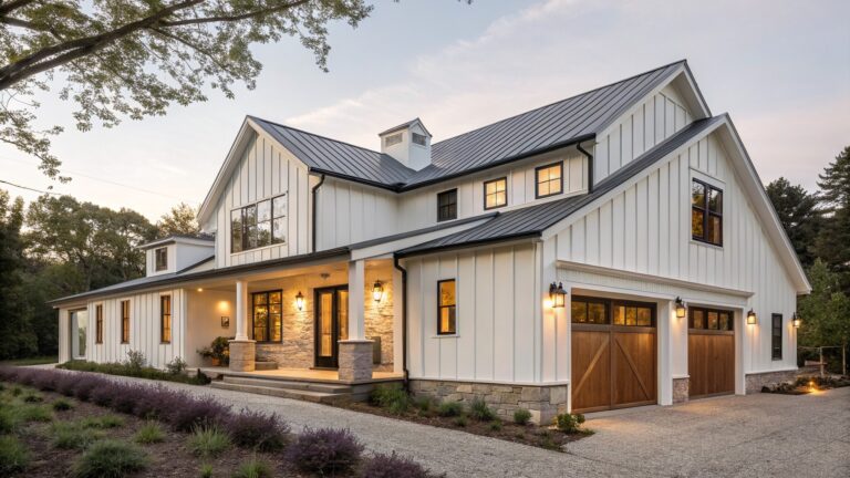 19 Modern Farmhouse Exteriors With Dark Wood Accents That Add Warmth White board-and-batten modern farmhouse with black metal roof, dark wood X-pattern garage doors, covered porch, stone accents, and gravel driveway surrounded by landscaping at dusk.