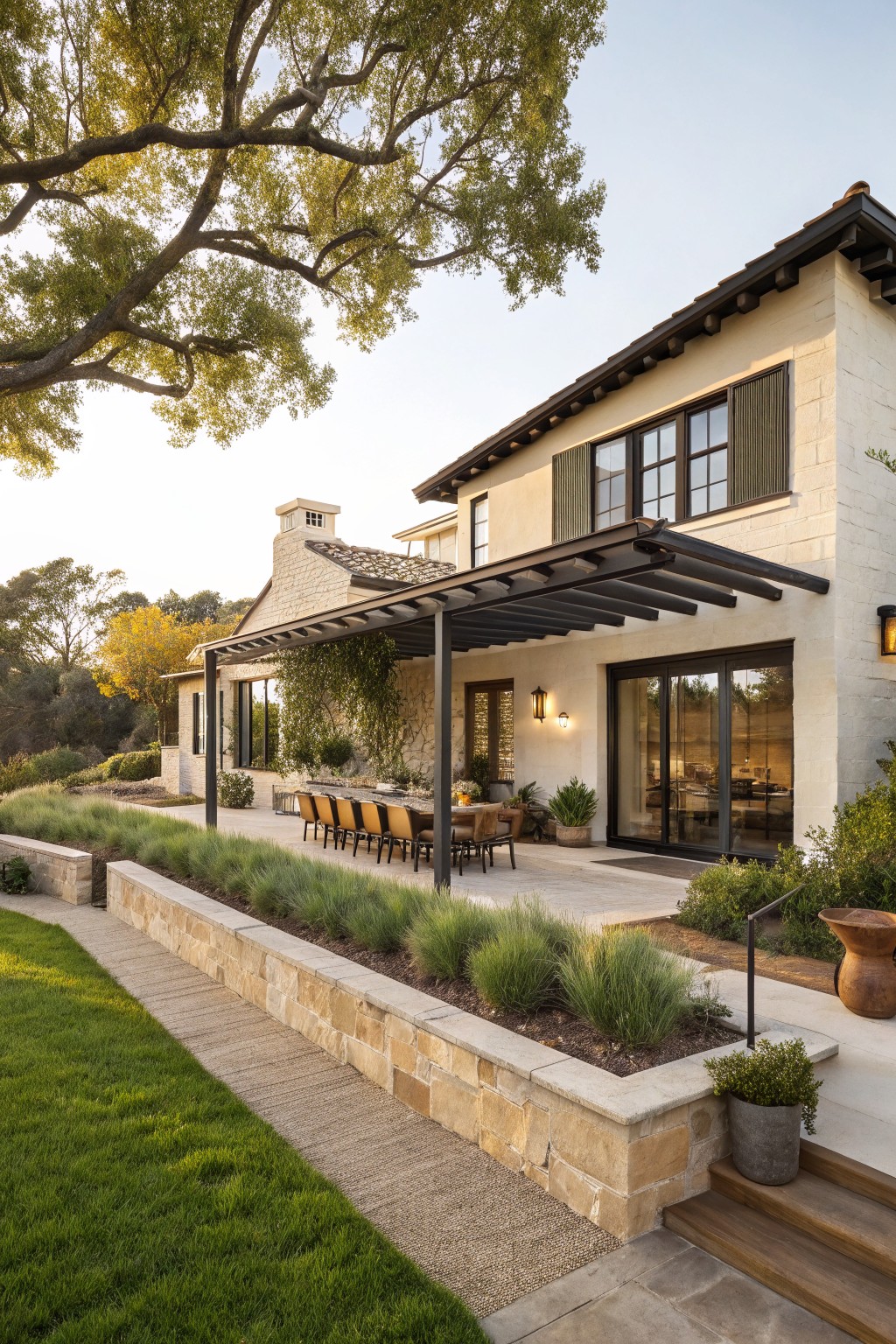Side exterior of a beige stucco house featuring a black metal pergola covering a concrete patio with a long rectangular dining table, woven chairs, and potted plants, next to a stone retaining wall planted with grasses and a lawn path.