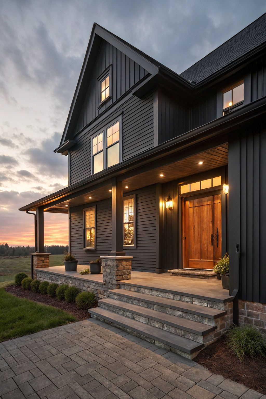 Two-story modern farmhouse exterior with dark gray board-and-batten siding, covered porch with stone pillars, large wooden front door, steps, potted plants, shrubs, and gravel path at sunset.
