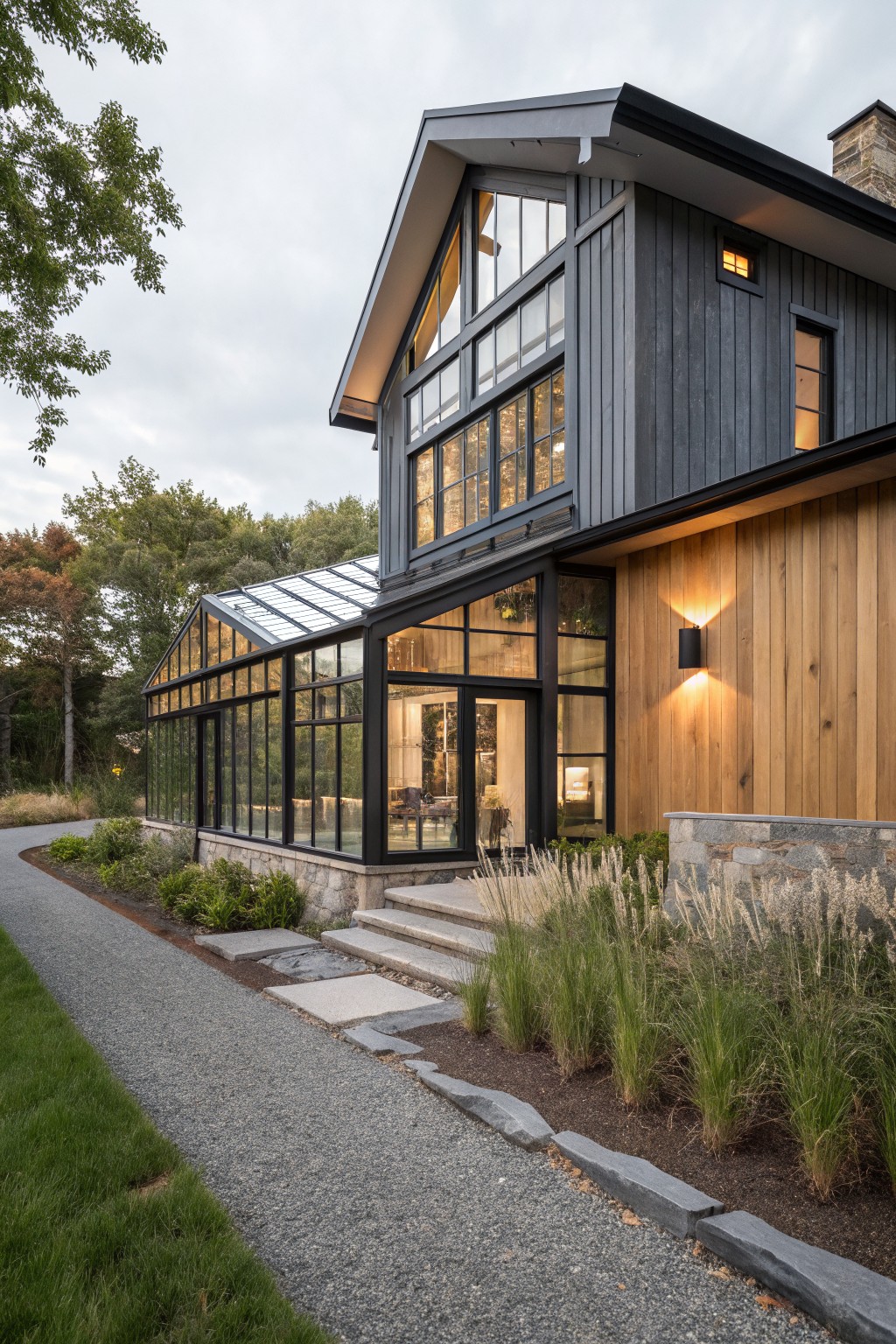 Modern house exterior with dark vertical wood siding on upper levels, attached glass conservatory with metal frame, light wood panels and stone foundation on lower level, gravel pathway, stone steps, and tall grasses in front.
