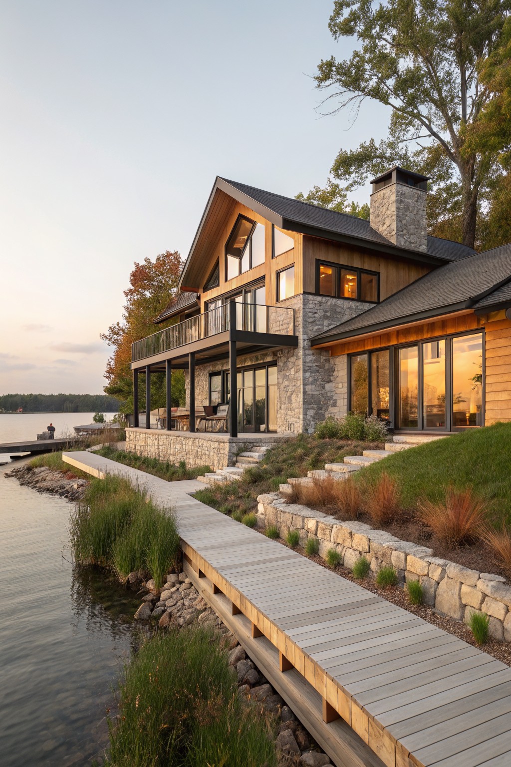 Multi-level modern house exterior with gray stone lower walls, wood siding upper levels, black roof, glass walls, elevated deck, stone steps, wood walkway to dock by a lake with grasses and rocks.
