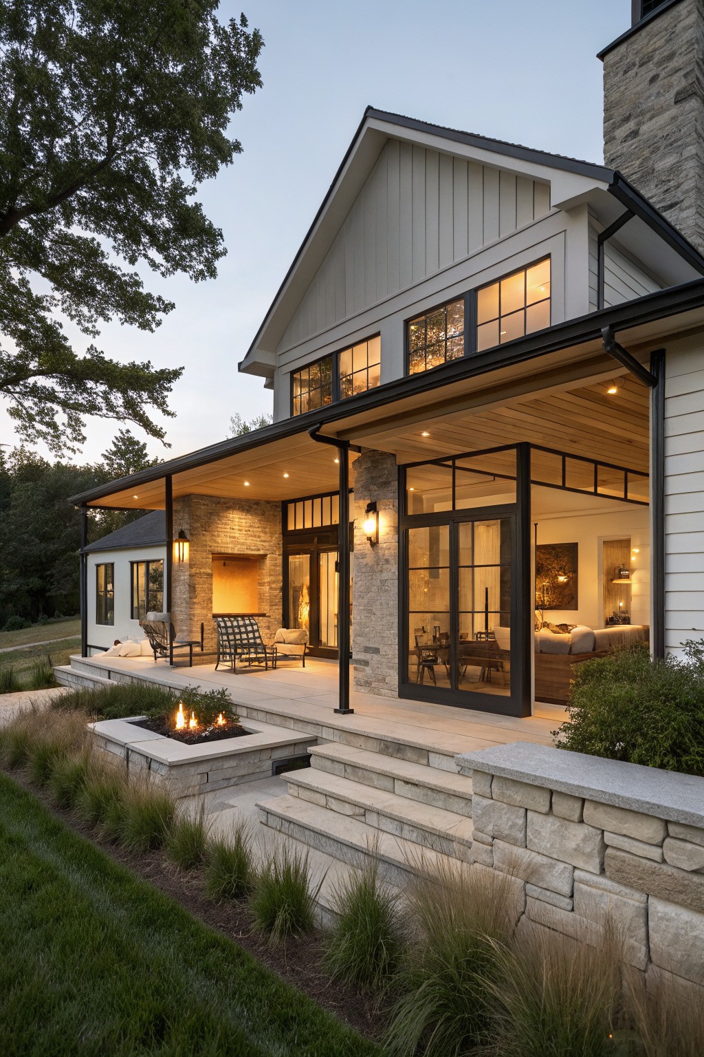 Rear view of a modern farmhouse with white board-and-batten siding, black metal roof and trim, stone chimney and porch supports, covered porch with glass doors and lanterns, stone steps to a patio fire pit, and ornamental grasses beside a lawn at dusk.