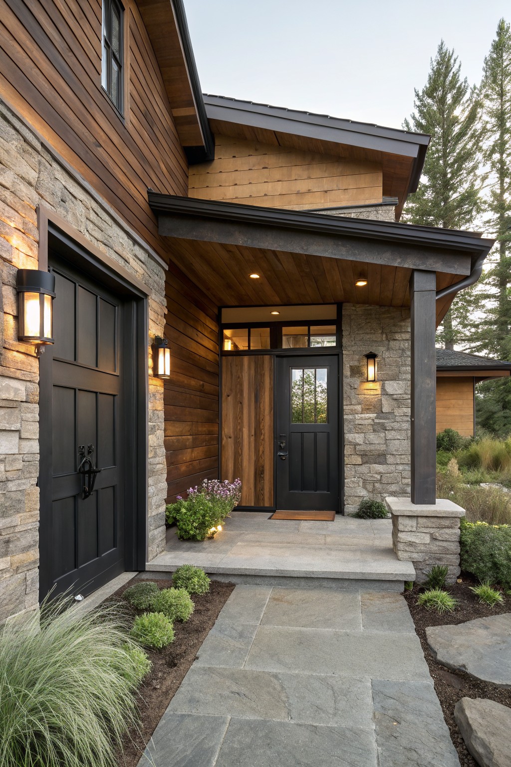 House exterior with cedar wood siding, stone base and pillars supporting a covered porch, black double front doors with sidelights, wall lanterns, slate stone steps and path, and low plantings nearby.