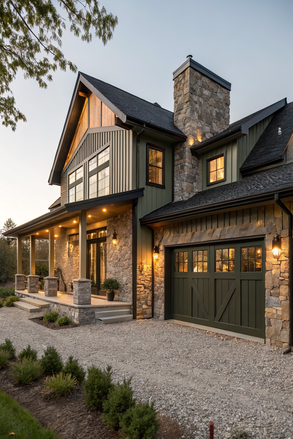 A two-story modern farmhouse exterior with dark green vertical wood siding, stone chimney and pillars, wraparound porch, and green-paneled garage doors on a gravel driveway with low landscaping at dusk.