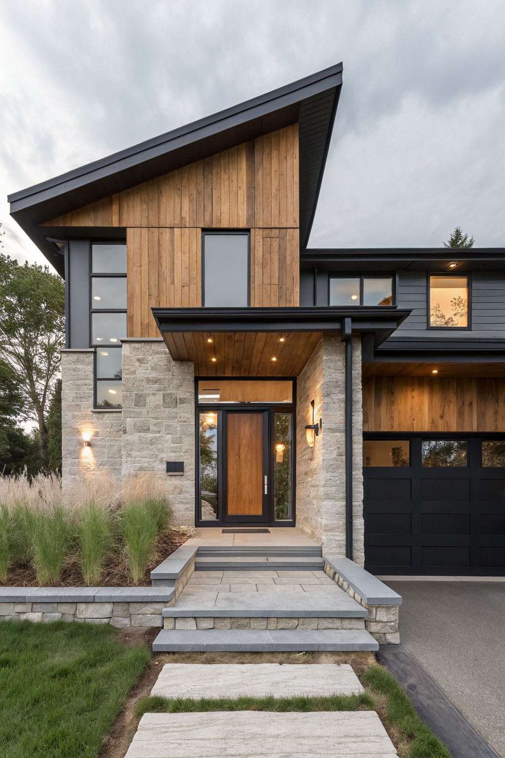 Modern house exterior with light stone base, vertical wood cladding on upper walls, black-framed windows and garage door, wooden front door under a cantilevered entry canopy, concrete steps, and grass pathway.