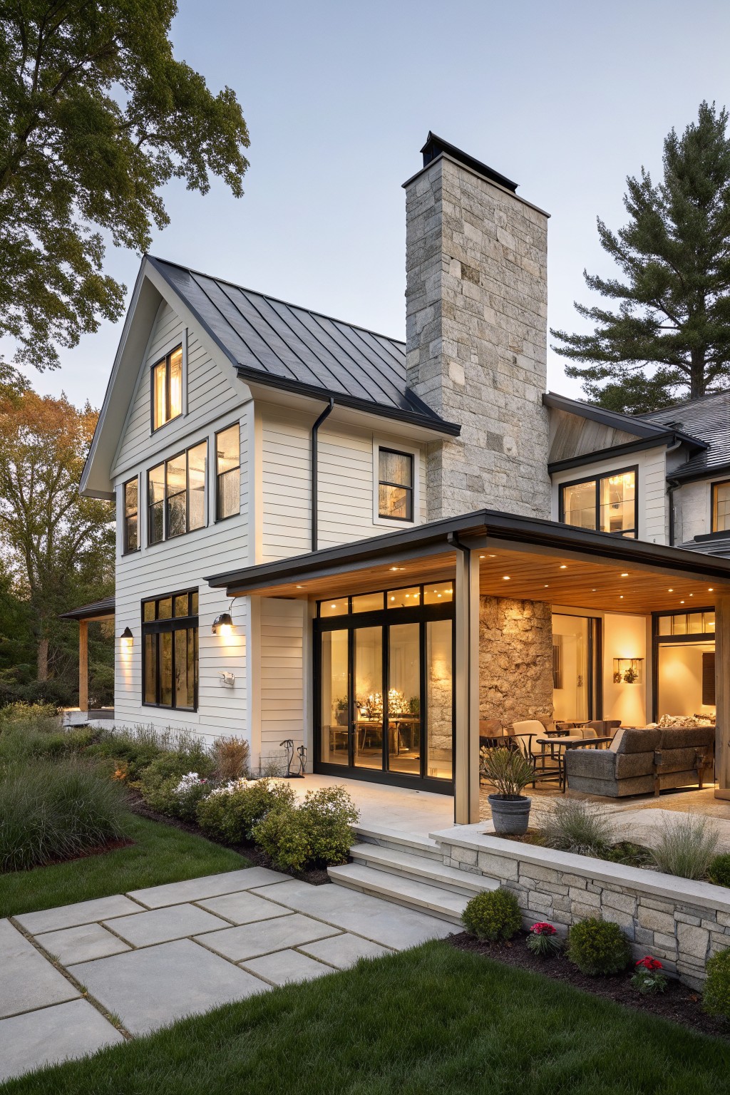 Two-story modern farmhouse exterior with white shiplap siding, black metal gable roof, tall light gray stone chimney, covered porch with glass doors and wood beams, stone retaining wall, steps, and lawn with shrubs.