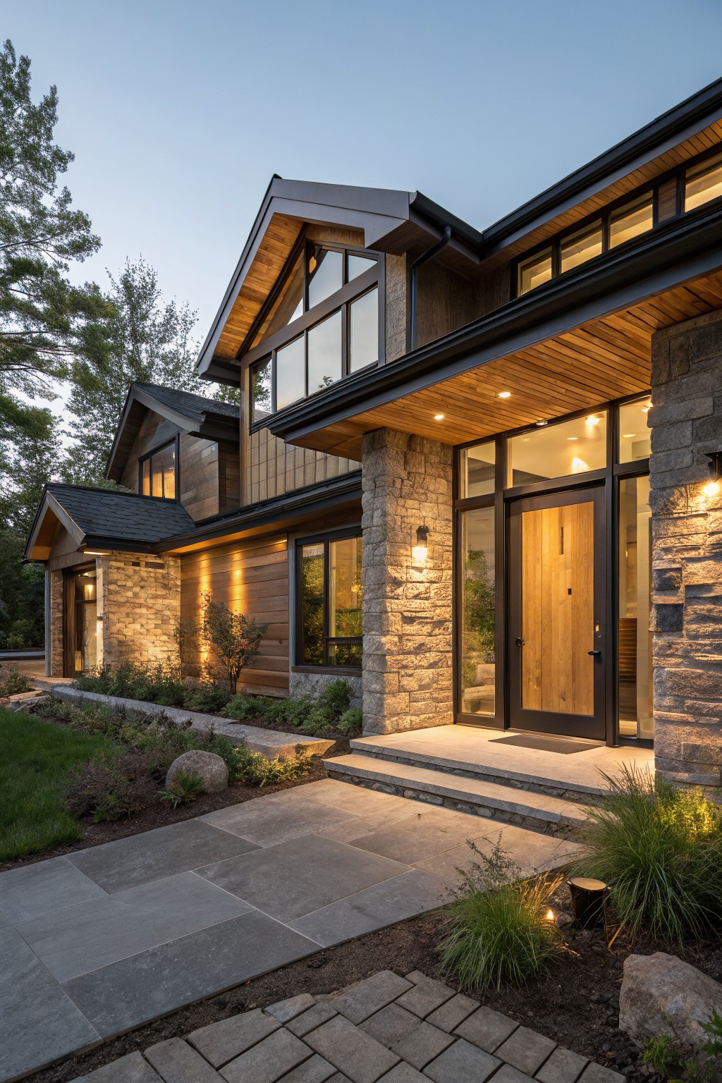 Modern stone-and-wood home with lit porch, steps, and stone walkway at dusk.