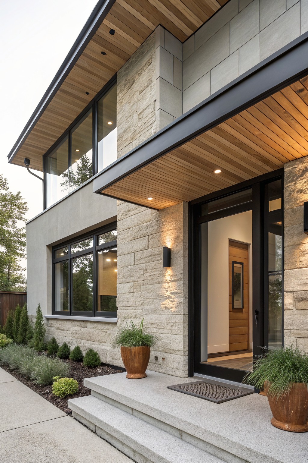 Exterior view of a two-story modern house entryway with light beige stone walls, dark wood slatted cantilevered canopy, large glass and wood door, concrete steps, potted grasses on either side, and low landscaping along the base.