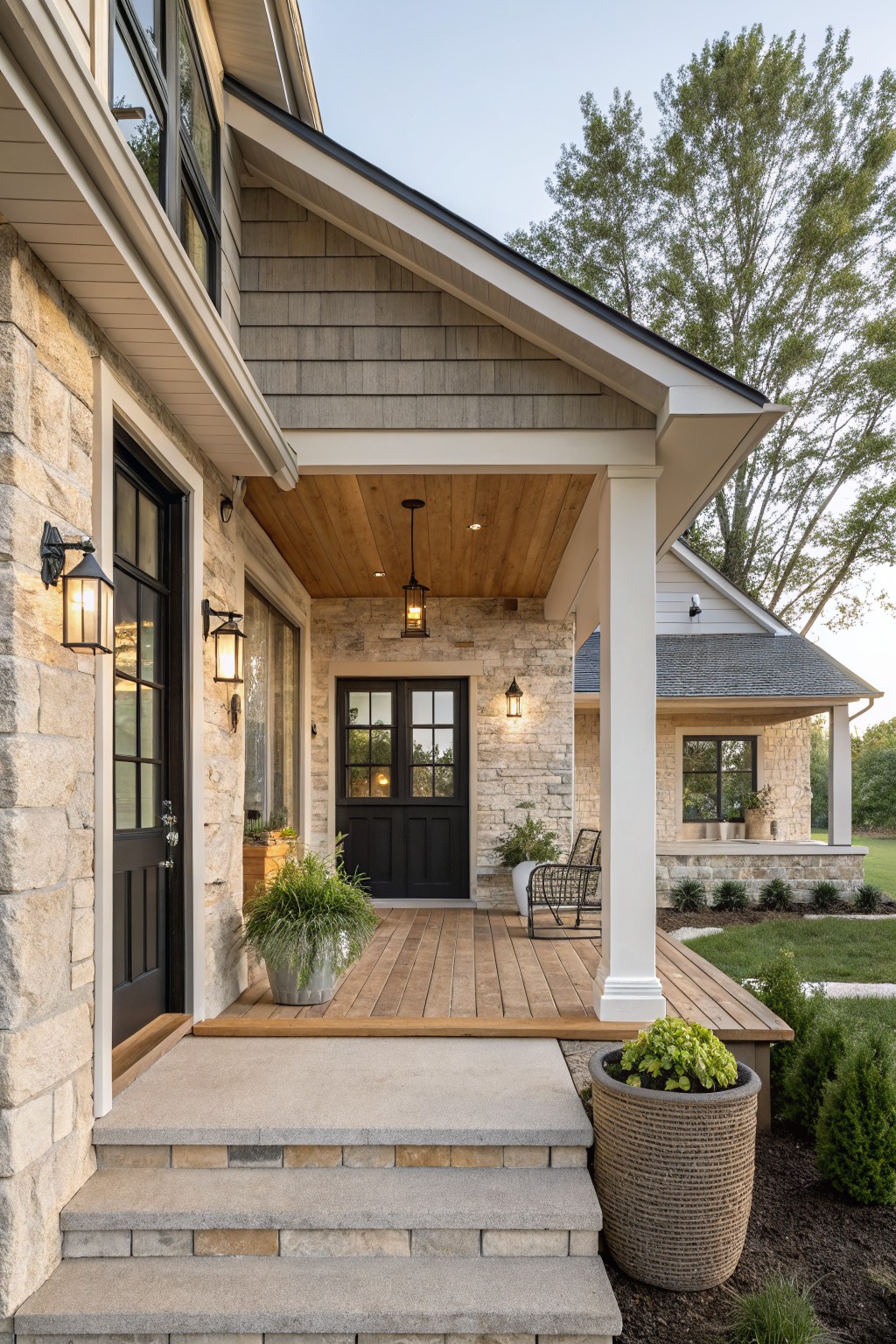 Modern farmhouse house exterior with covered entry porch featuring light wood plank ceiling, beige stone walls, black double doors, wall lanterns, potted plants on wood deck, and steps leading to grass yard.