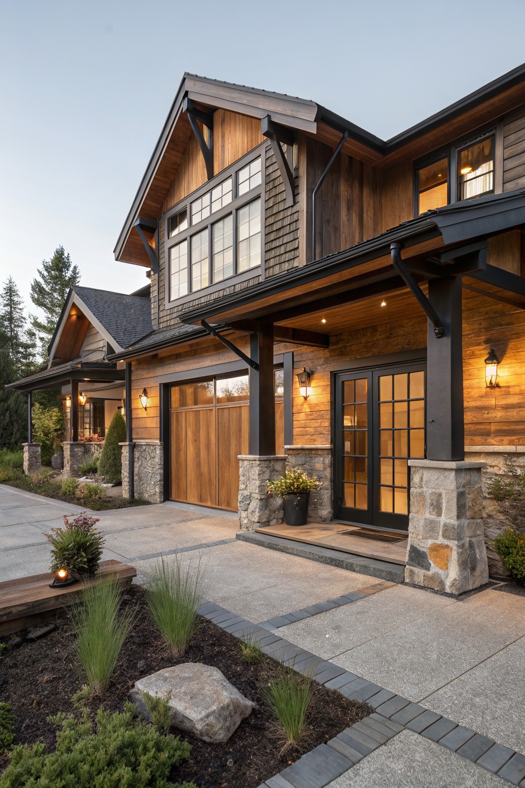 Modern wooden house with stone pillars, black-framed doors, and landscaped entryway.