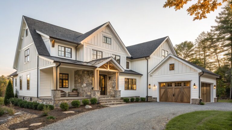 Two-story modern farmhouse exterior with white board-and-batten siding, gabled roof, wraparound porch supported by stone-based columns, stone entry surround and steps, wooden garage door, landscaping with plants and rock edging, and gravel driveway at dusk.