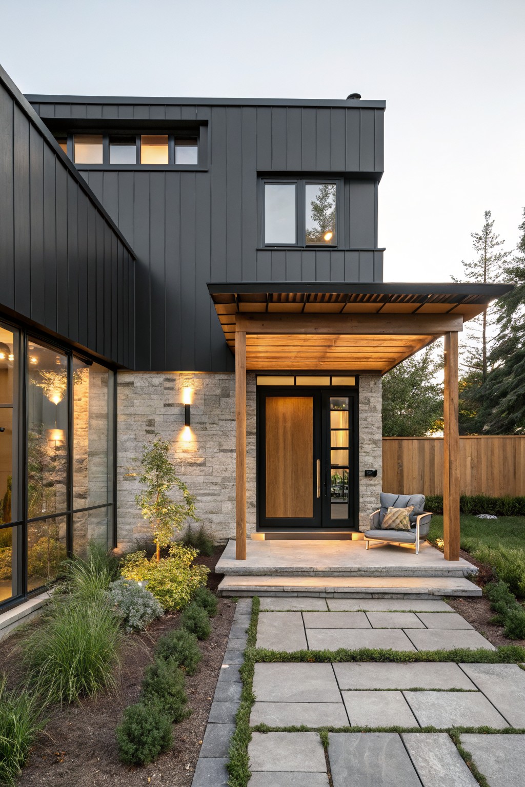 Modern house exterior featuring black metal cladding, a stone-accented entry with wooden pergola, large windows, and a stone pathway bordered by plants.