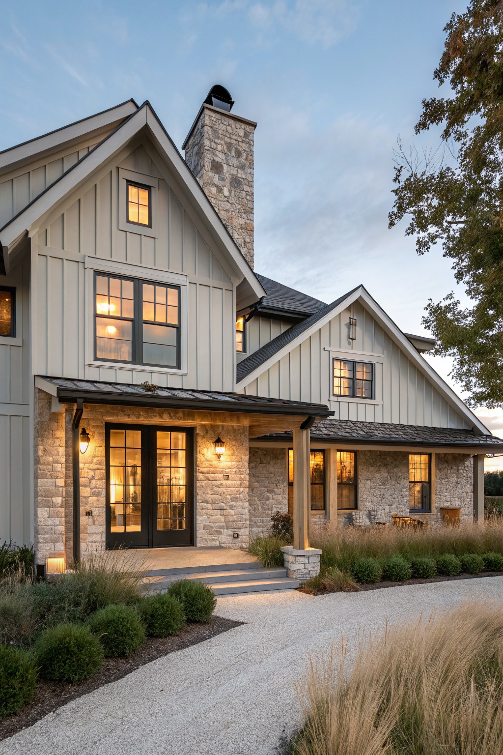 Modern farmhouse exterior featuring gray board-and-batten siding, stone chimney and entry porch, black-framed windows, covered porch with wood posts, gravel driveway, and tall grasses at dusk.