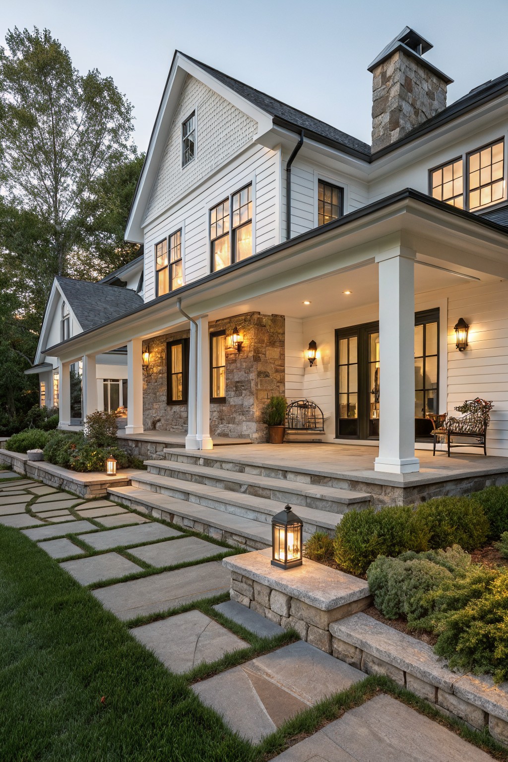 White clapboard two-story house with gabled roof, stone chimney and base accents, wrap-around porch with columns and lanterns, stone steps, bluestone pathway, and shrubs in evening light.