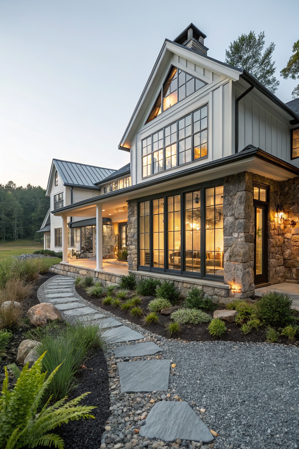 Two-story modern farmhouse exterior with white board-and-batten siding, black metal roof, large black-framed windows, fieldstone base and corner piers, covered porch, and stepping stone path through gravel and native plantings.