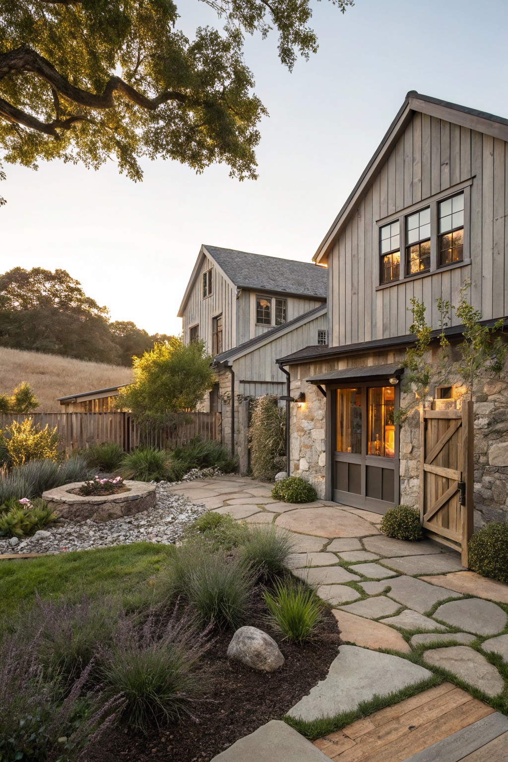 Modern farmhouse exterior with light gray vertical board-and-batten wood siding over a stone plinth, wooden Z-gate on stone wall beside glass entry doors, flagstone pathway, plants, fire pit, gravel, fence, trees, and hills in golden hour light.