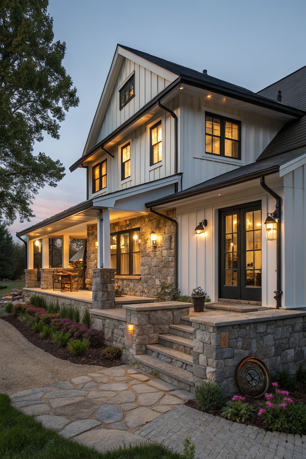Two-story modern farmhouse exterior with white board-and-batten siding, black metal roof, covered porch supported by stone columns and pillars, lit lanterns and windows, stone steps, flagstone path, and garden plantings at dusk.