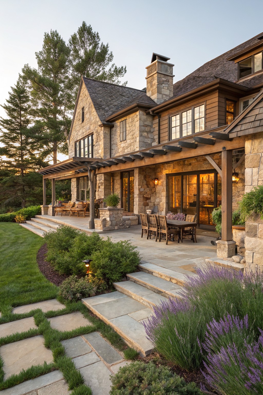 Rear exterior of a two-story stone and wood house featuring a covered porch with timber beams, an outdoor dining table and chairs on a stone terrace, steps leading to a lawn edged with shrubs and lavender, tall trees in the background at dusk.