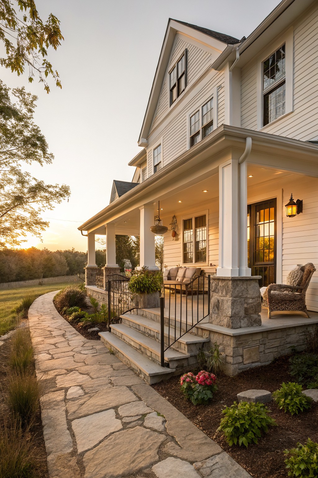 White clapboard modern farmhouse with gabled roof, wraparound porch supported by stone pillars on stone foundation, black metal gate at steps, flagstone path curving from lawn with plants and sunset sky.