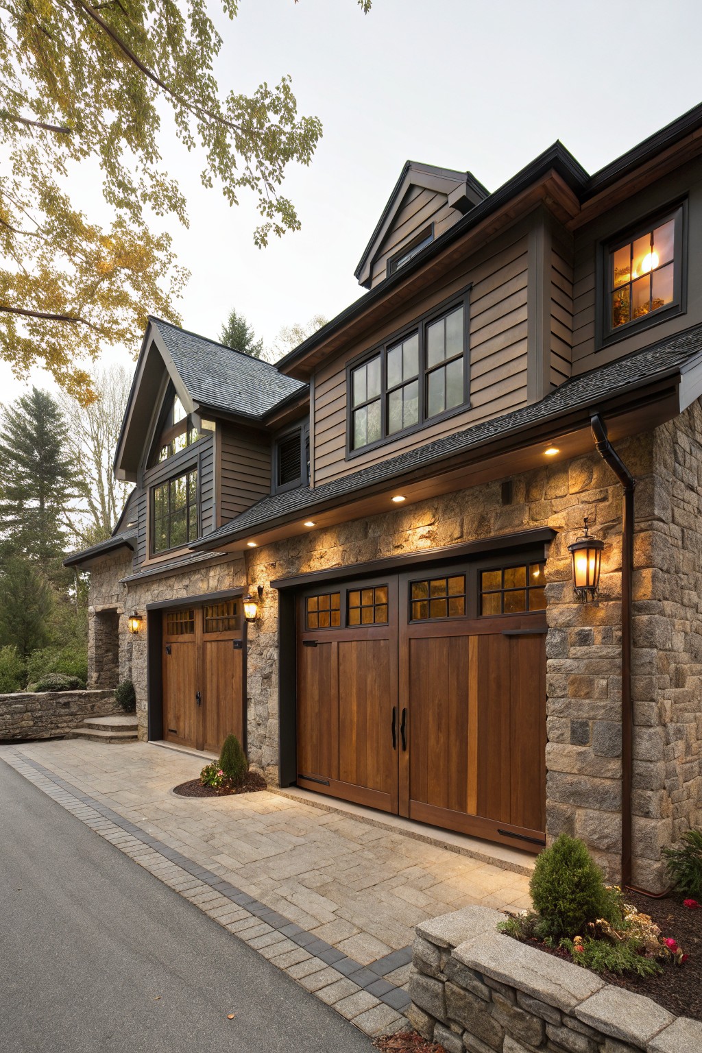 Two-car garage with wooden panel doors set into a random stone masonry base and pilasters on a shingle-style house with cedar siding, flanked by lanterns and plants along a paved driveway.