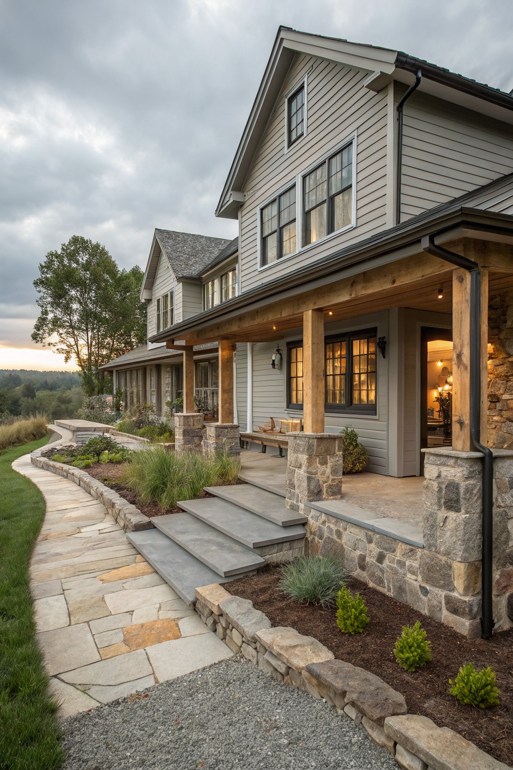 Gray clapboard house with covered porch supported by stone pillars and timber posts, flanked by landscaping and a winding stone path to steps.