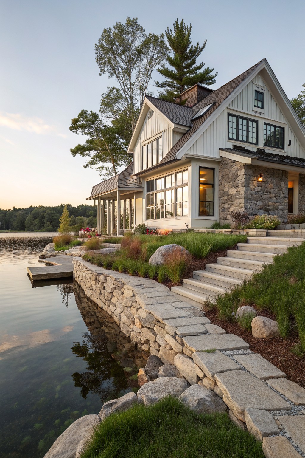 White board-and-batten modern farmhouse beside a lake with fieldstone retaining walls, concrete steps descending to a wooden dock, and low native plantings along the shore.