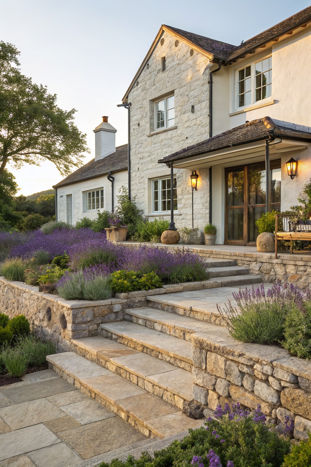 Light stone farmhouse exterior with covered entry porch, wide terraced stone steps retained by stone walls, and dense lavender plantings along the edges.