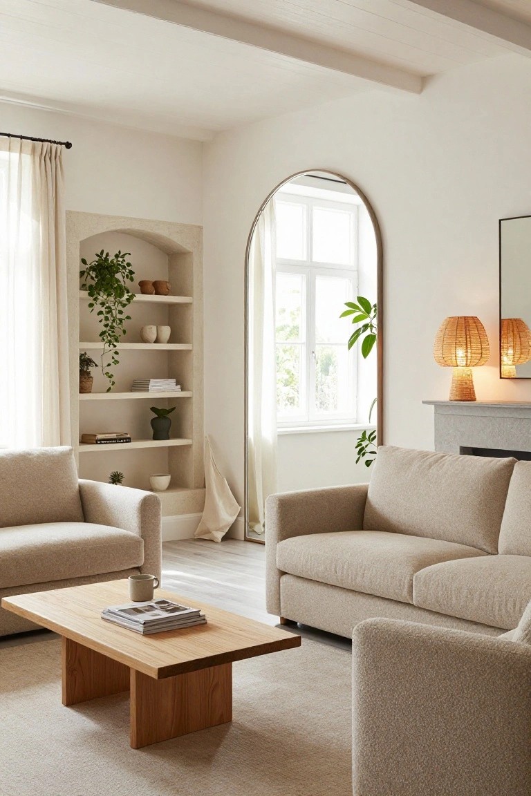 A bright living room with two beige upholstered sofas facing an oak coffee table, an arched niche with shelves holding plants and ceramics, rattan lamps on a stone mantel, and large windows with sheer curtains.