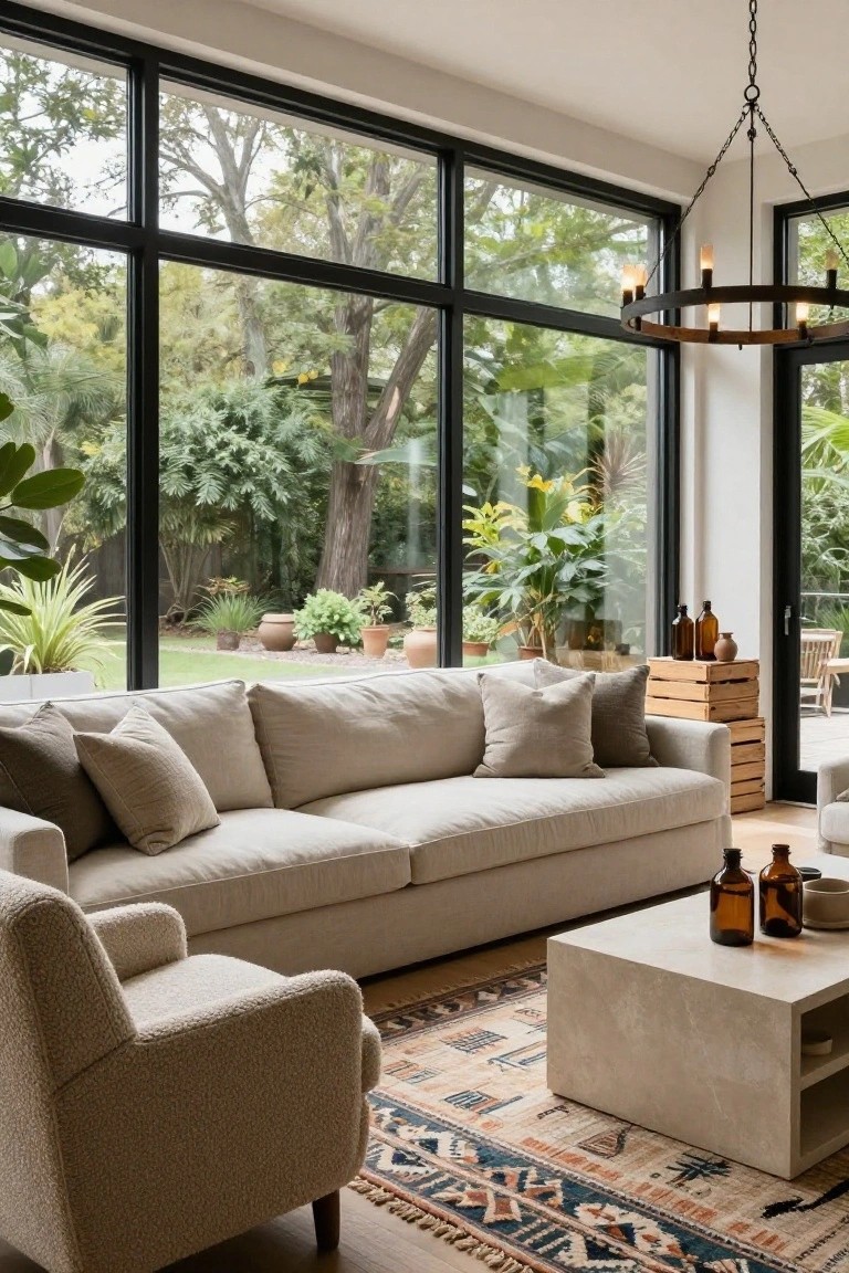 A light-filled living room with a long beige linen sofa, textured cream armchair, low rectangular coffee table, and patterned rug on wood floors, with tall black metal-framed windows showing trees and plants in the garden outside.