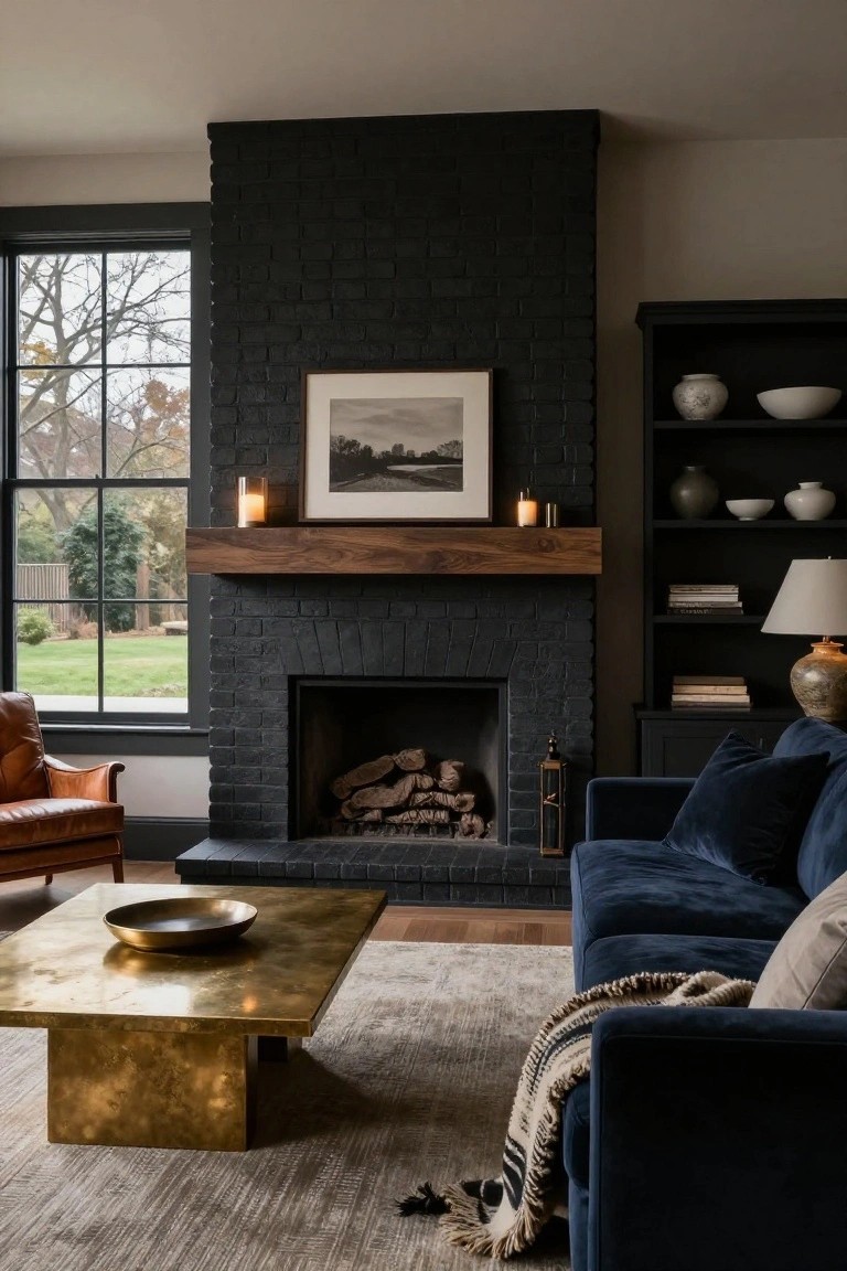 Living room with tall black brick fireplace and wooden mantel holding candles and framed artwork, dark wood bookshelves with ceramics, blue velvet L-shaped sofa with pillows and throw, orange leather armchair, brass coffee table with bowl on beige-gray rug, and large windows overlooking yard with trees.