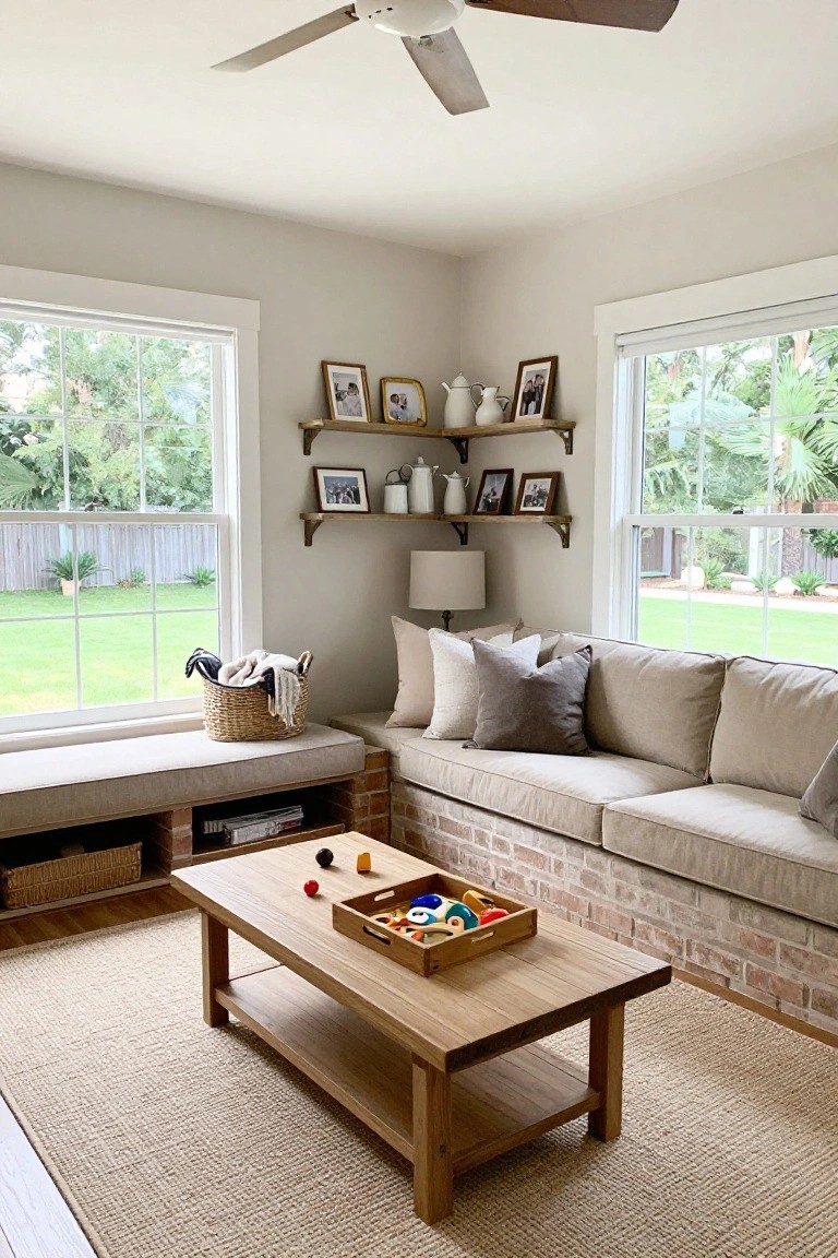 Living room corner with light beige brick accent wall, built-in cushioned bench with storage cubbies below, neutral sofa, wooden coffee table holding a toy box, seagrass rug, and large windows overlooking a backyard garden.