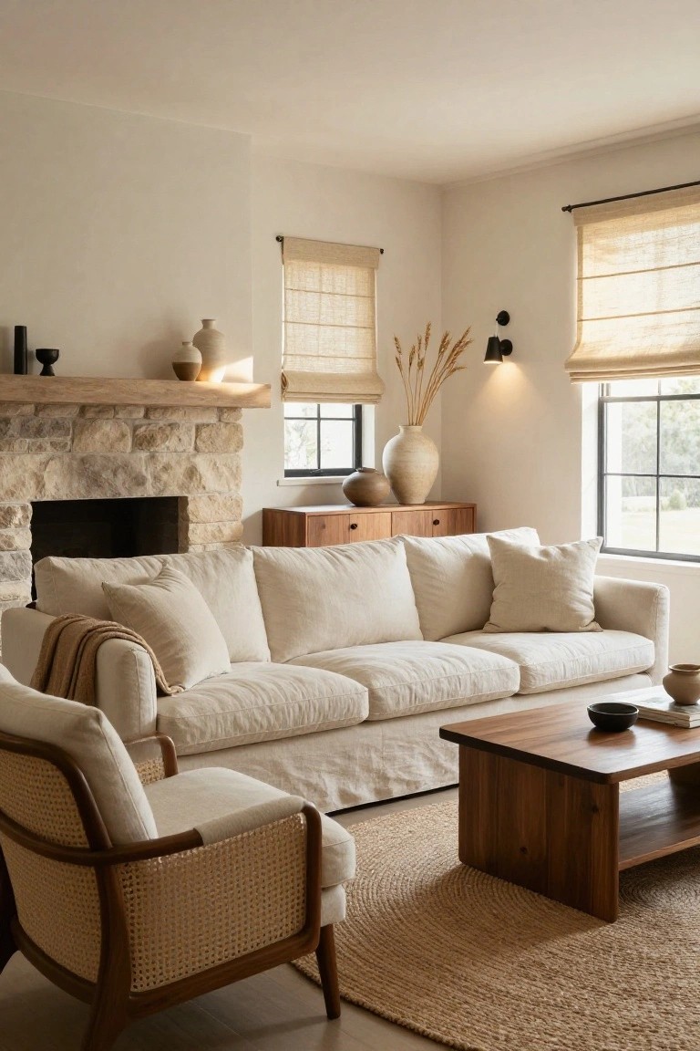 A living room interior with a large white linen slipcovered sofa, rattan armchair, wooden coffee table, stone fireplace, neutral vases, and beige seagrass rug.