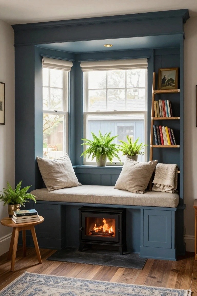 Navy blue built-in bay window seat with beige cushions and throw blanket, potted ferns on bench and floor, ladder bookshelves with books, small black wood stove fireplace below bench, wooden side table with stacked books, wood flooring, and blue-toned area rug.