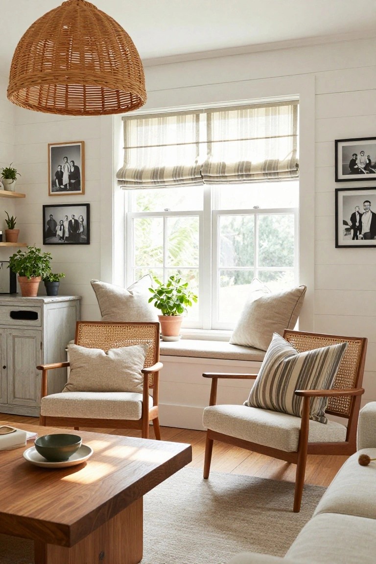 Sunlit living room with white shiplap walls, a cushioned window seat between two rattan armchairs with beige and striped pillows, wooden coffee table holding a bowl, potted plants, and black-and-white family photos.