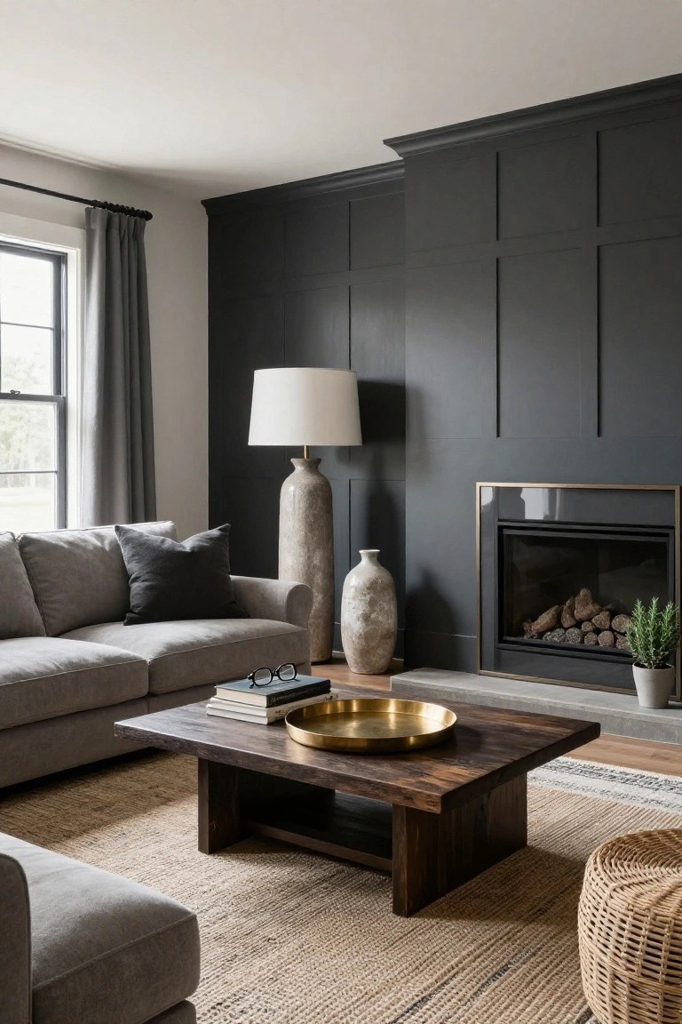 A living room with dark gray board and batten paneling on one wall behind a fireplace, light gray sofa, wooden coffee table, tall floor lamp, and seagrass rug.