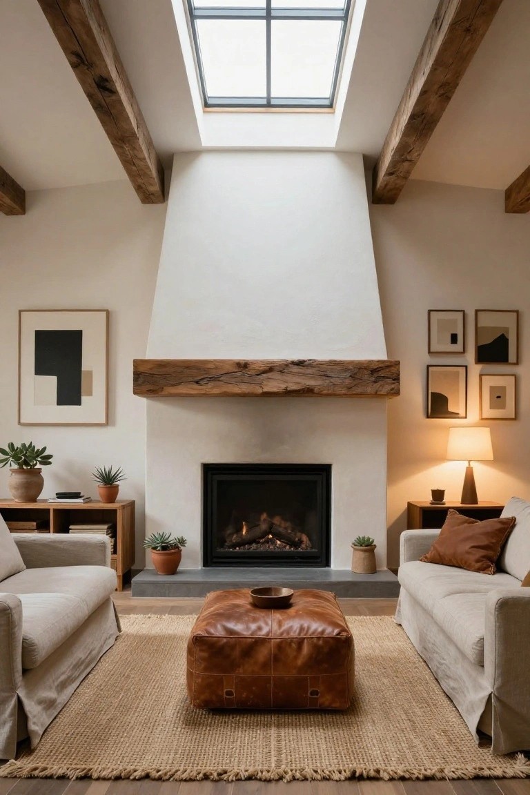 Modern farmhouse living room with exposed dark wood beams across the ceiling and as fireplace mantel over a white plaster chimney, gas fire burning, beige slipcovered sofas, tan leather pouf on jute rug, potted plants, wood side tables, abstract art on walls, and skylight overhead.